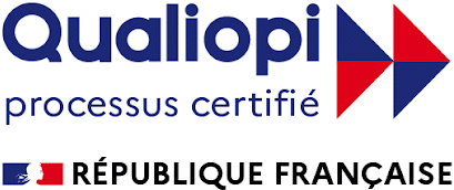 Logo de Qualiopi avec le texte « processus certifié » et le drapeau français, à côté de « RÉPUBLIQUE FRANÇAISE » en pied de page.