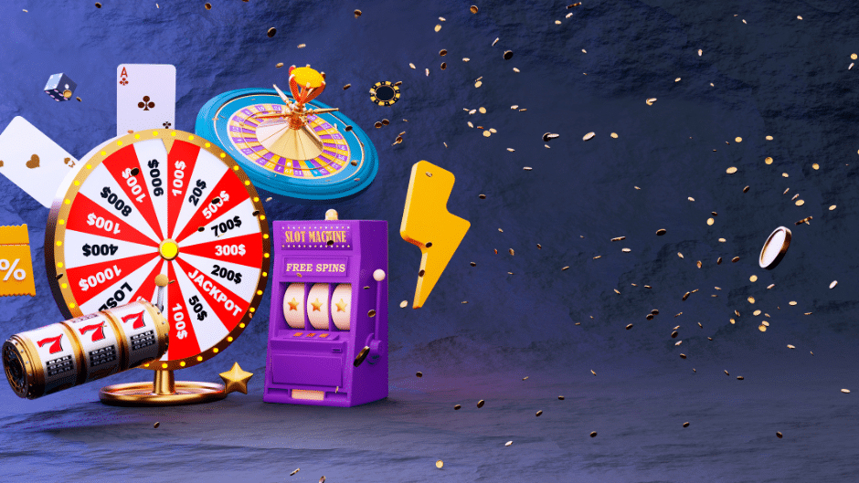 Une image d'une roue de casino et d'autres objets de jeu.||